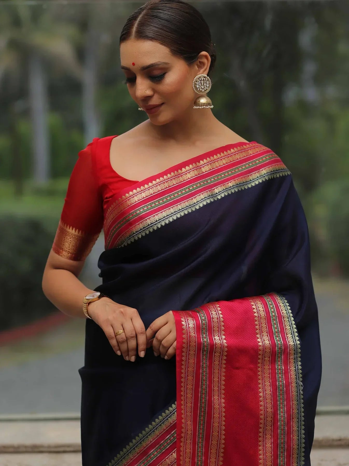 Banarasee Handwoven Semi Silk Plain Saree With Broad Zari & Contrast Border-Blue & Red